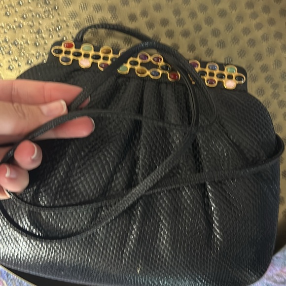 Judith Leiber Black Lizard Gemstone Top Clutch with Strap - Picture 12 of 15